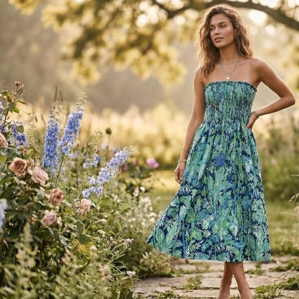 Gretchen Scott Blue Green Tropical Floral Smocked Convertible Skirt Dress OS